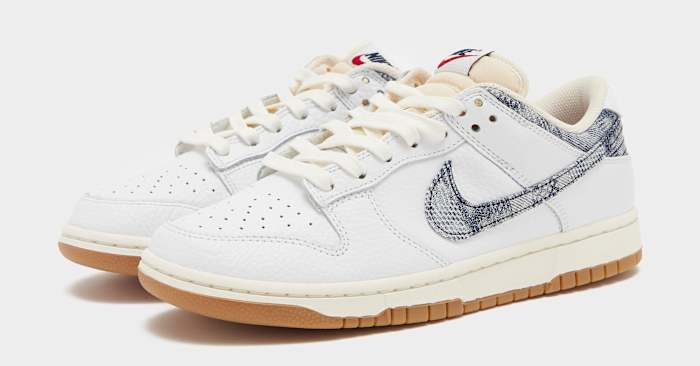Side view of white and blue Nike Dunk sneakers.